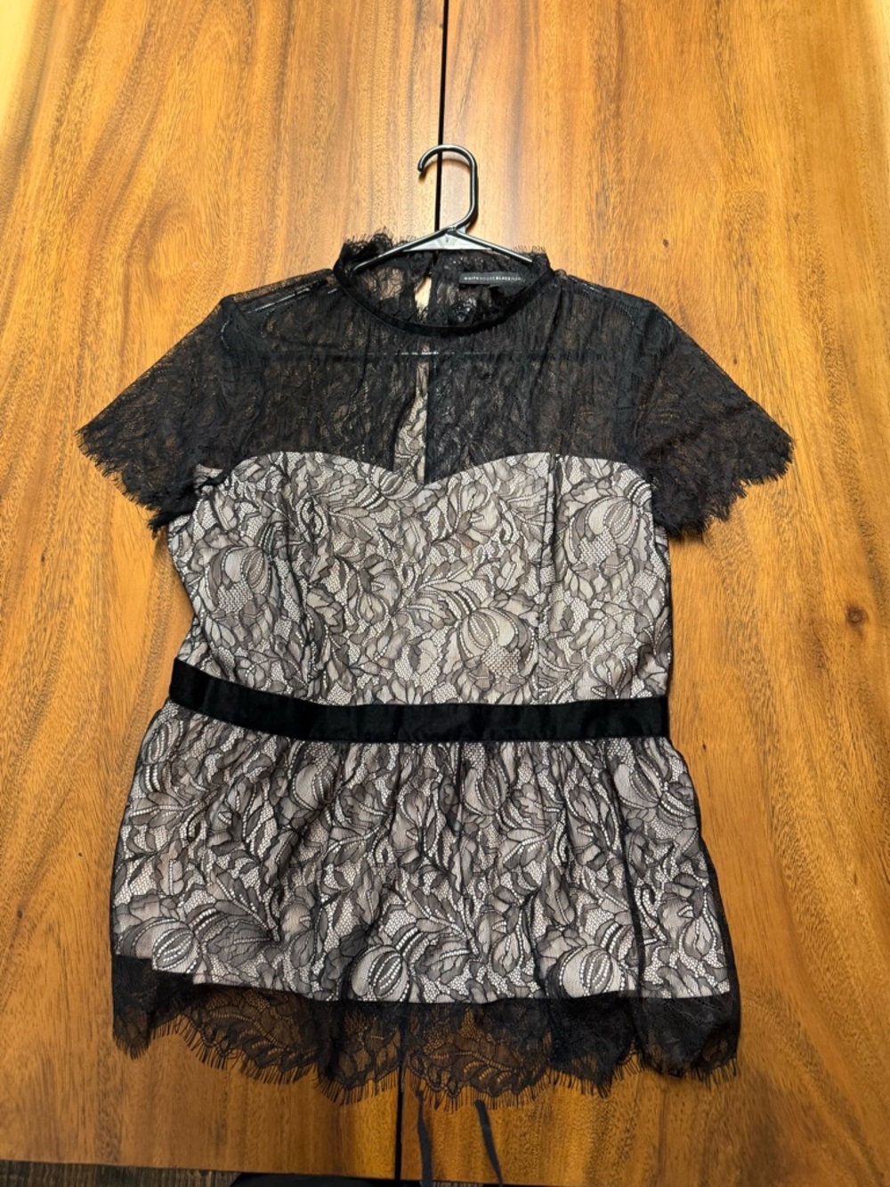 White House Black Market Black Lace Peplum Blouse with Nude Lining